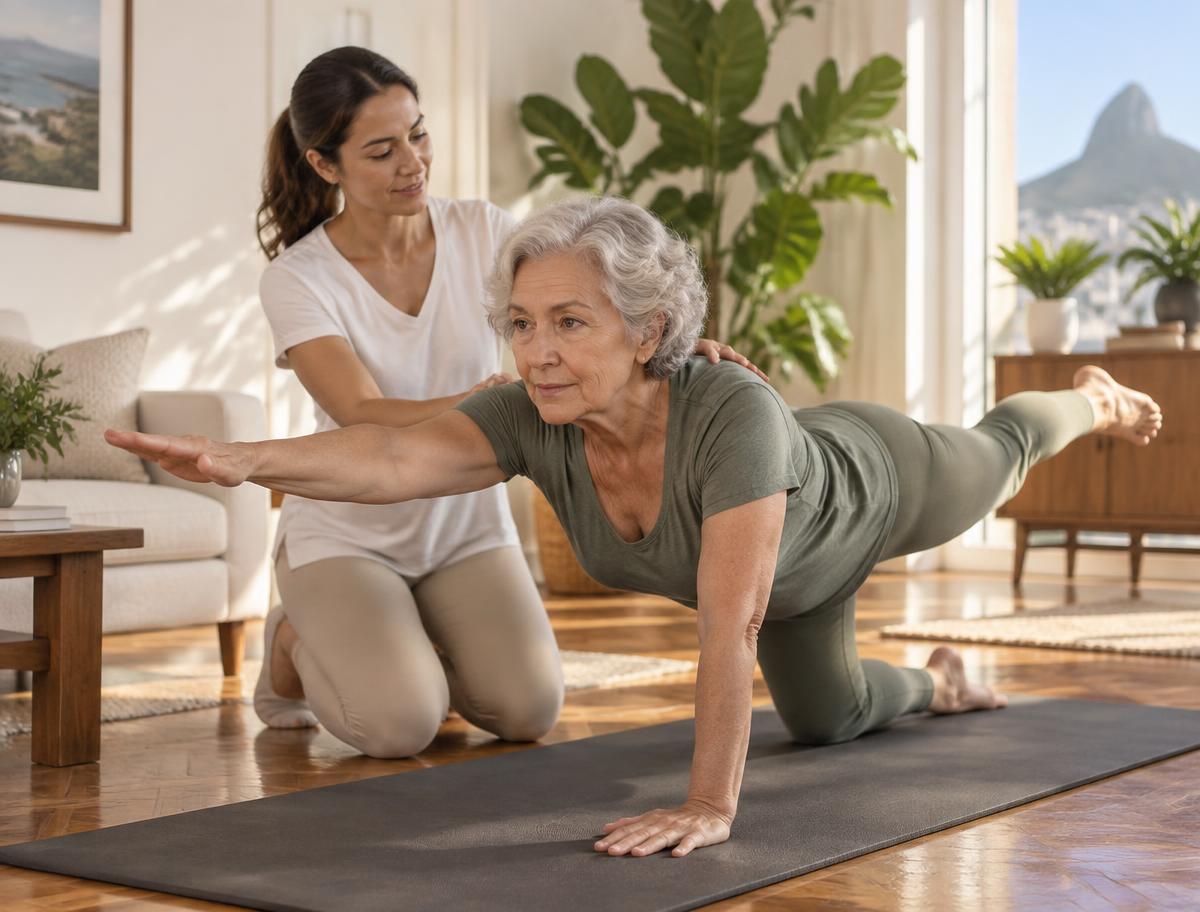 Mulher idosa praticando Pilates funcional com supervisão